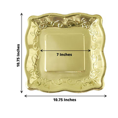 25-Pack Paper 11" Square Dinner Plates in Gold with Vintage Pottery Embossed Design - Shiny Metallic Disposable Serving Plates for Glamorous Dinners & Events