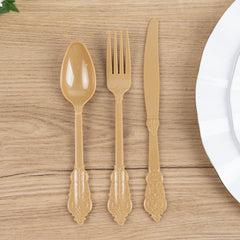 72 Pcs Plastic Silverware Set in Baroque Style Matte Gold - Heavy Duty Disposable Knife, Fork, and Spoon Set