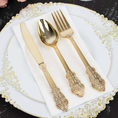 24 Pcs Plastic Silverware Set in Baroque Style Metallic Gold - Heavy Duty Disposable Knife, Fork, and Spoon Set