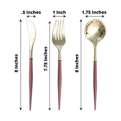 24 Pack 8" Metallic Gold With Cinnamon Rose Disposable Silverware Set, Modern Premium Plastic Utensil Set