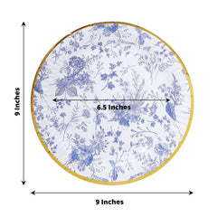 25-Pack Paper 9" Round Dinner Plates in White with Light Blue French Toile Pattern & Gold Rim - Disposable Party Plates for Picnics & Chic Brunches
