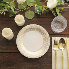25-Pack Paper 7" Round Dessert Plates in White with Gold Basketweave Rim