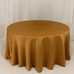 Lamour Satin 120" Round Tablecloth Gold - Seamless Table Cover with Soft Tempered Sheen for Upscale Gatherings