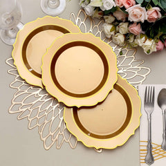 10-Pack Plastic 8" Round Desert Plates in Gold with Gold Scalloped Rim - Disposable Appetizer/Salad Plates
