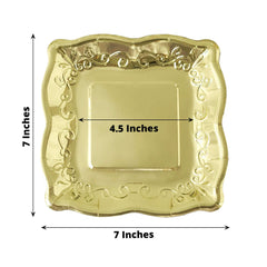 25-Pack Paper 7" Square Dessert Plates in Gold with Vintage Pottery Embossed Design - Shiny Metallic Disposable Appetizer Plates for Luxe Gatherings & Celebrations