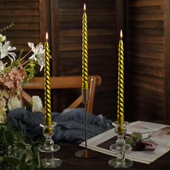 12-Pack Taper Candles Spiral Long Burn Wick Design Gold - Premium Unscented Wax Dinner Candle Sticks 11"