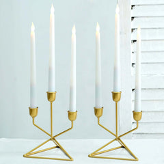 2-Pack Triangle Base Geometric Taper Candelabra 3 Arm Candle Holder Design Gold Metal - Decorative Centerpiece 7"