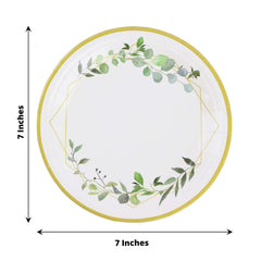24-Pack Paper 7" Round Dessert Plates in White with Eucalyptus Leaves & Gold Rim - Disposable 300GSM Salad Plates for Garden Weddings & Celebrations