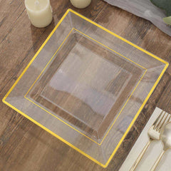 10 Pack 10" Gold Trim Clear Square Disposable Dinner Plates, Plastic Party Plates