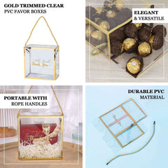 25 Pack Gold Trimmed Clear PVC Gift Boxes with Rope Handles and Thank You Print, Transparent Portable Candy Favor Boxes - 5.5"x5.5"