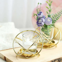 3-Pack Geometric Candle Holders Gold Metal Design with Bud Vase Votive Glass - Chic Wedding & Event Decor 3"