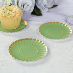 50-Pack Paper 3.5" Round Party Plates in Dusty Sage Green with Gold Scalloped Rim - Disposable Mini 250GSM Dessert Plates for Tapas, Appetizers & Finger Foods