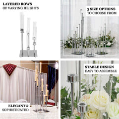 6-Arm Cluster Taper Candle Holder Silver with Clear Glass Shades - Sleek Candle Display for Gatherings 24"
