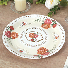 25-Pack Paper 9" Round Dinner Plates in Ivory with Vintage Rose Flower Print - Disposable Plates for High Tea Gatherings & Romantic Celebrations