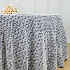 120" Ivory Round Seamless Polyester Floral Lace Tablecloth for 5 Foot Table With Floor-Length Drop