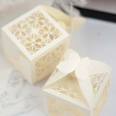 25 Pack Ivory Butterfly Top Laser Cut Lace Favor Candy Gift Boxes