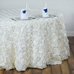 Satin 132" Round Tablecloth Ivory - Seamless Grandiose 3D Rosette Table Cover