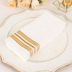 20-Pack Paper Guest Towels White Linen-Like with Gold Lines - Disposable Airlaid Napkins for Formal and Casual Use 8"x4"
