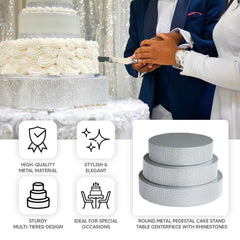 Metal Pedestal Cake Stand Round Design with Rhinestones Silver - Cupcake Holder and Dessert Table Centerpiece 16"