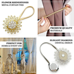 2 Pack 4" Gold Crystal Flower Magnetic Curtain Tie Backs, Backdrop Drapery Panel Buckle Clips