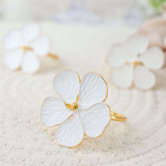 4 Pack White and Gold Metal Flower Napkin Rings, Floral Serviette Buckle Napkin Holder Set - Plum Blossom Design