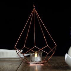 2-Pack Tealight Candle Holders Rose Gold Metal Pentagon Geometric Open Frame - Flower Stand 9"