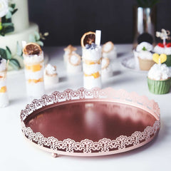 Metal Round Serving Tray 12" in Rose Gold with Embellished Rims, Stylish Decorative Vanity Tray Centerpiece