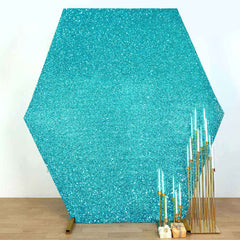8ftx7ft Turquoise Metallic Shimmer Tinsel Spandex Hexagon Wedding Arbor Cover, 2-Sided Backdrop