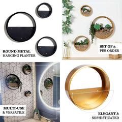 Set of 3 Gold Half Moon Wall Planters, Round Metal Wall Hanging Planter, Modern Indoor Outdoor Terrarium - 6",8",12"