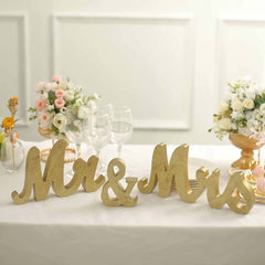 Wooden "Mr & Mrs" Freestanding Letters Gold Glittered - Rustic Glam Wedding Table Display Signs