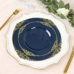 10-Pack Plastic 8" Round Dessert Plates in Navy Blue with Gold Leaf Embossed Rim - Disposable Vintage Baroque Style Salad Plates