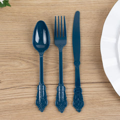 72 Pcs Plastic Silverware Set in Baroque Style Navy Blue - Heavy Duty Disposable Knife, Fork, and Spoon Set
