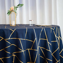 Polyester 120" Round Tablecloth Navy with Gold Foil Geometric Pattern Wrinkle-Resistant Seamless Table Cover