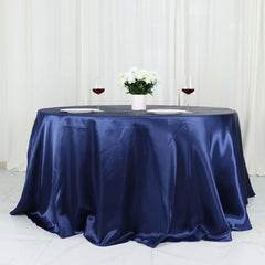 Satin 132" Round Tablecloth Navy Blue - Stylish Seamless Table Cover