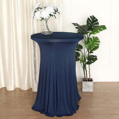 Spandex 32" Round Cocktail Table Cover Skirt Navy Blue With Natural Wavy Drapes