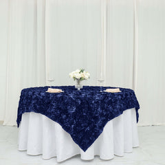 Satin 72"x72" Table Overlay Square Tablecloth Navy Blue - 3D Rosette Table Cover