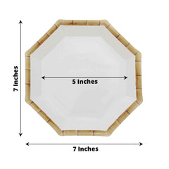 25-Pack Paper Octagonal Dessert Plates 7" White with Bamboo Print Rim - Disposable Geometric Appetizer Salad Plates for Garden Parties & Tropical Themed Events