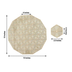 6-Pack Dining Table Mats Geometric Woven Design Gold - Vinyl Non-Slip Surface for Modern Table Settings 15"