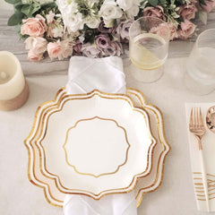 25-Pack Paper Dessert Plates in White with Gold Scallop Rim - Disposable 300GSM Appetizer Salad Plates for Classy Banquets & Celebrations 8"
