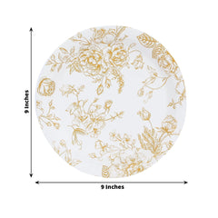 25-Pack Paper 9" Round Dinner Plates in White with Gold French Toile Pattern - Disposable Floral Party Plates for Stylish Events