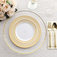 10-Pack Plastic Round Dinner Plates 10" White with Beige Gold Spiral Rim - Chic Disposable Party Plates