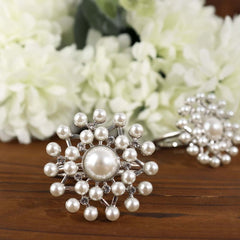 4 Pack Pearl And Diamond Rhinestone Silver Metal Napkin Rings, Decorative Napkin Buckle Holders