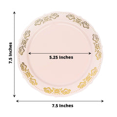 10-Pack Plastic 7.5" Round Appetizer Plates in Blush with Gold Embossed Scalloped Edge - Chic Disposable Salad Plates for Special Occasions & Banquets