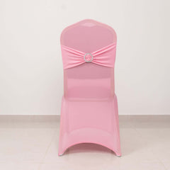 Spandex Chair Cover with Pink Rhinestone Buckled Sash Band Blush - Stretch Fitted Slipcover