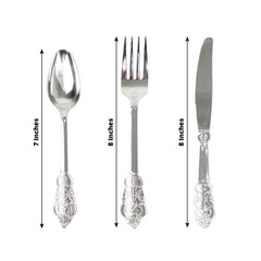 24 Pcs Plastic Silverware Set in Baroque Style Metallic Silver - Heavy Duty Disposable Knife, Fork, and Spoon Set