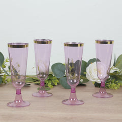 12-Pack Plastic Champagne Flutes Transparent Purpler with Gold Rim - Stylish Disposable Cocktail Glasses for Parties 5oz 6"