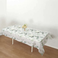 Non-Woven Tablecloth Rectangle White/Green with Olive Leaves Print - Perfect Disposable Table Cover for Summer 60"x102"