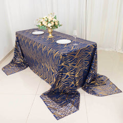 Mesh 90"x156" Rectangle Tablecloth Royal Blue/Gold - Wave Sequin Embroidered Table Cover