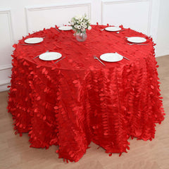 120" Red 3D Leaf Petal Taffeta Fabric Seamless Round Tablecloth for 5 Foot Table With Floor-Length Drop