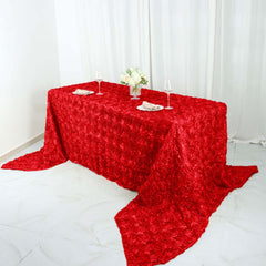 Satin 90"x156" Rectangle Tablecloth Red - Grandiose 3D Rosette Table Cover with Seamless Finish